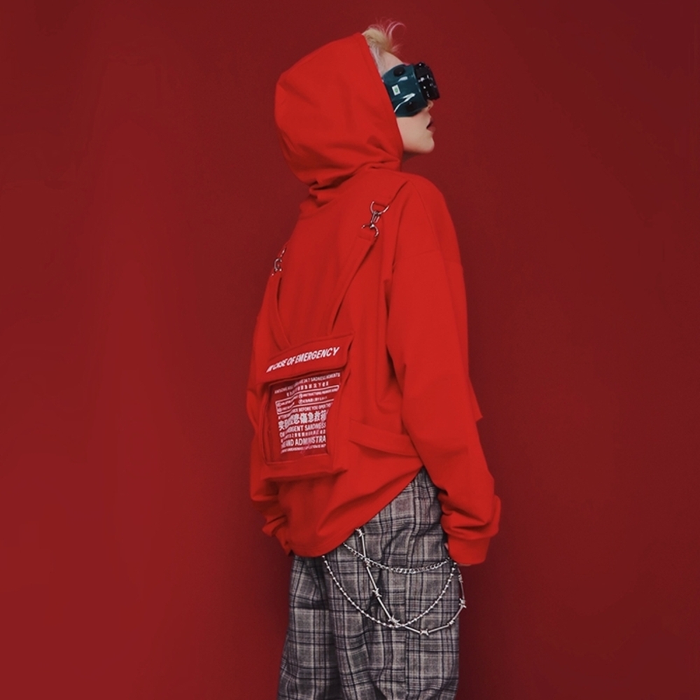 3LOVEPLUG Red Graphic Hoodie with 'In Case of Emergency' Pocket